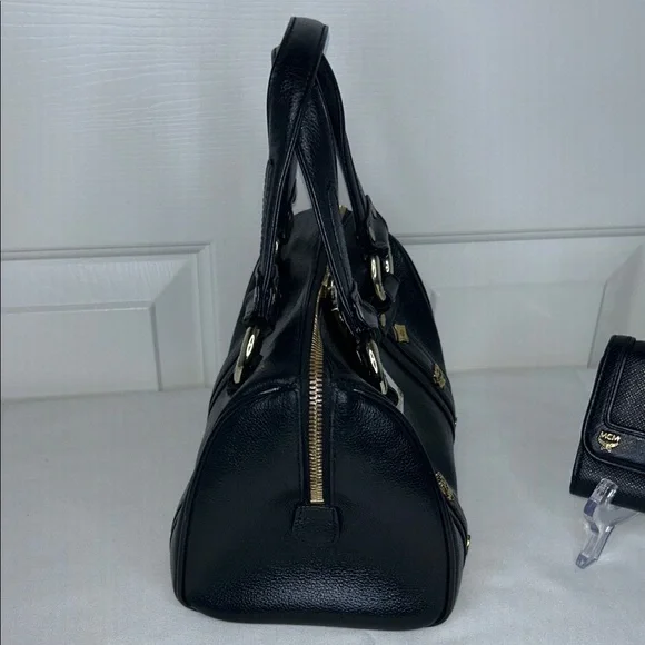 MCM Boston Mini Black Pebble Leather Bag, Matching Wallet Gold Hardware Vintage - Picture 4 of 17